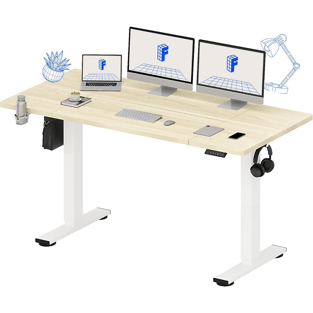 Desk Setup Workspace - FLEXISPOT 63x32 インチ電動スタンディングデスク、ホワイトウッドグレイン | 広々としたワークスペース、ケーブル管理＆オーガナイザー、カップホルダー＆フック、ホームオフィス、マルチモニターセットアップ