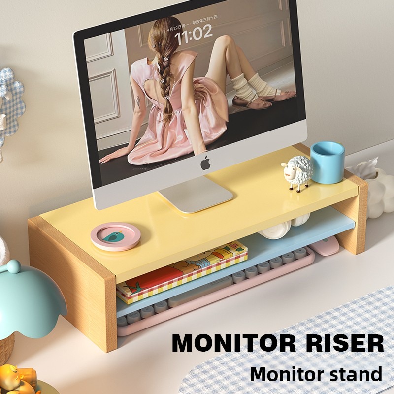 Desk Setup Workspace - 木製モニターライザースタンド 収納棚付き 人間工学に基づいたコンピューターデスクオーガナイザー 自宅オフィス 学生ワークスペースセットアップ用