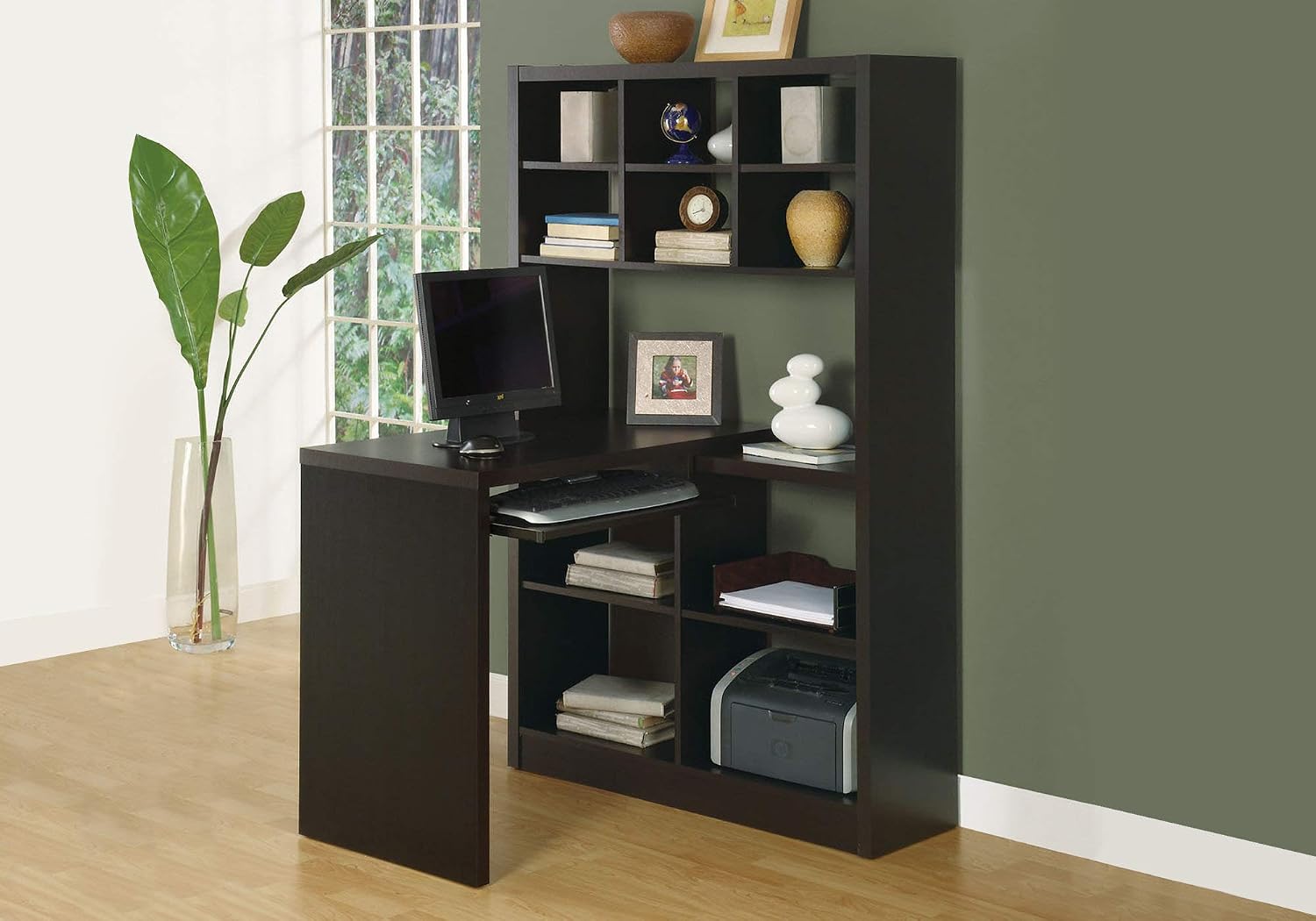 Desk Setup Corner - 調節可能な収納棚付きコーナーデスク 60インチ 長さ 左右どちらでも設置可能 カプチーノ色、カスタマイズ可能