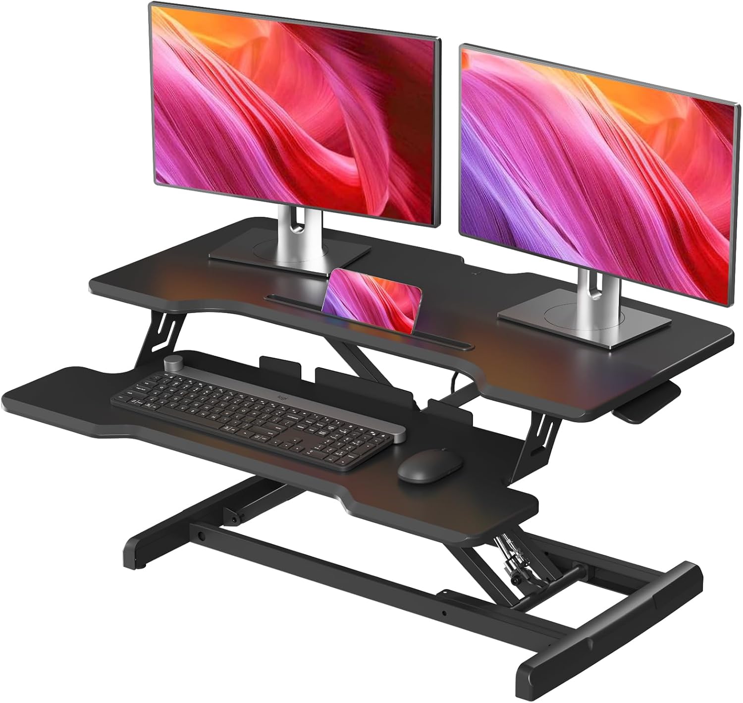 Desk Setup Dual Monitor - スタンディングデスクコンバーター、高さ調整可能なシットトゥスタンドデスクライザー、デュアルモニターセットアップ用キーボードトレイ付きホームオフィスコンピューターワークステーションテーブルトップ、モダンブラック