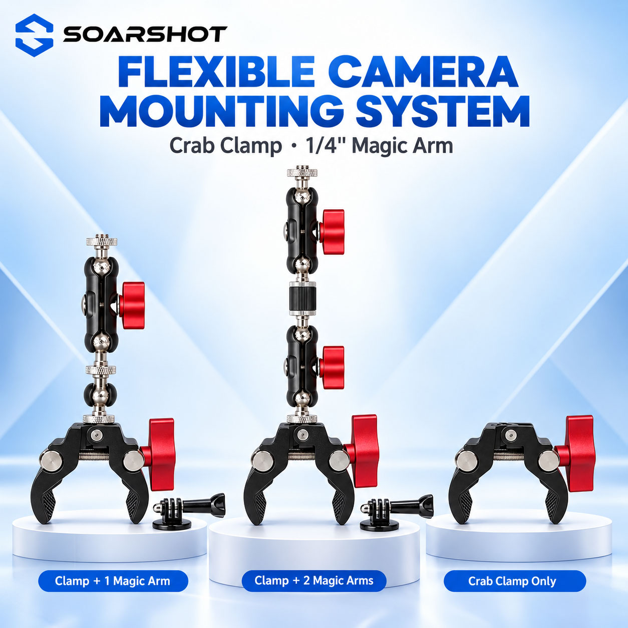 Monitor Arm Clamp - SOARSHOT カメラ用クランプ、マジックアーム、1/4インチネジ式マウント。DJI Roninジンバル、モニター、LEDビデオライト、マイクに対応。