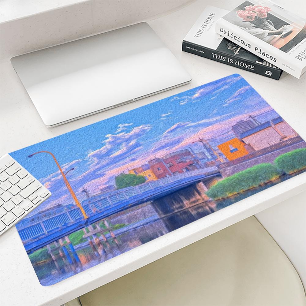 Desk View Setup - 都会の街並みの油絵柄マウスパッド 大型セットアップ オフィス装飾 ゲーミング装飾 カーペット デスクマット
