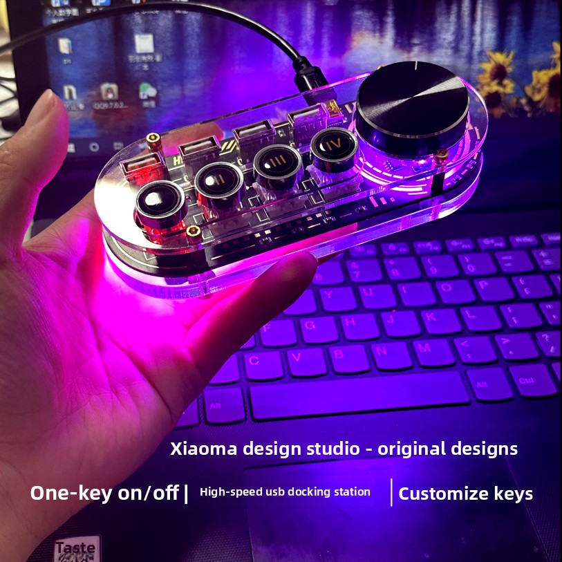 Desk Setup Gifts - RGBアンビエントライトコントローラー付きのカスタムUSBハブ拡張器。デスク周りの雰囲気を高めるおしゃれなガジェット。彼氏へのプレゼントに最適。男性向けのデスクアクセサリー。