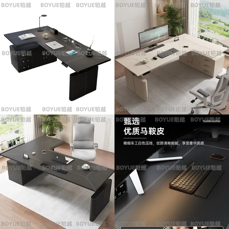 Desk Setup Corner - L字型電動昇降式コーナーデスク、収納付き、サドルレザー製ゲーミングコンピューターワークステーション、ホームオフィスセットアップ用