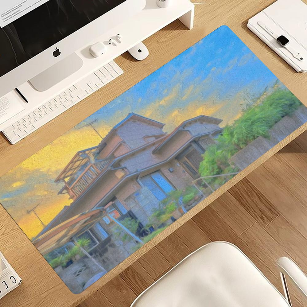 Desk View Setup - 都会の街並びの油絵柄マウスパッド オフィス装飾 ゲーミングセットアップ装飾 カーペット デスク装飾用品 ラグ