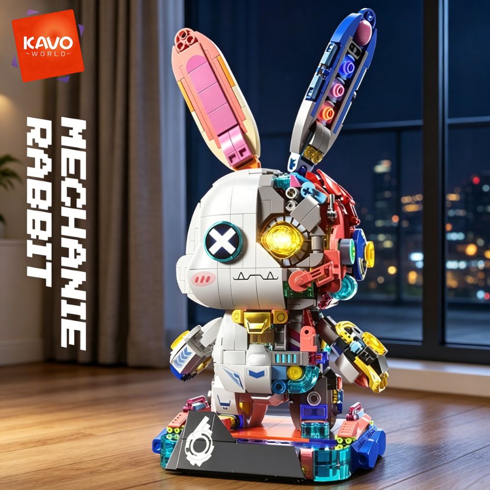 Desk Setup Gifts - KAVOWORLD 1377ピース ロボットウサギ 組み立てブロックセット LEDライトアップ 多点回転式