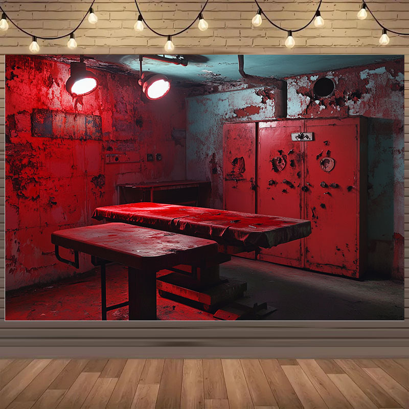 Desk Setup Background - 1pc 2D ホラーをテーマにした赤い背景のバナー - ゴーストラボシーン、血まみれのテーブルと滴るランプ、ポリエステル素材