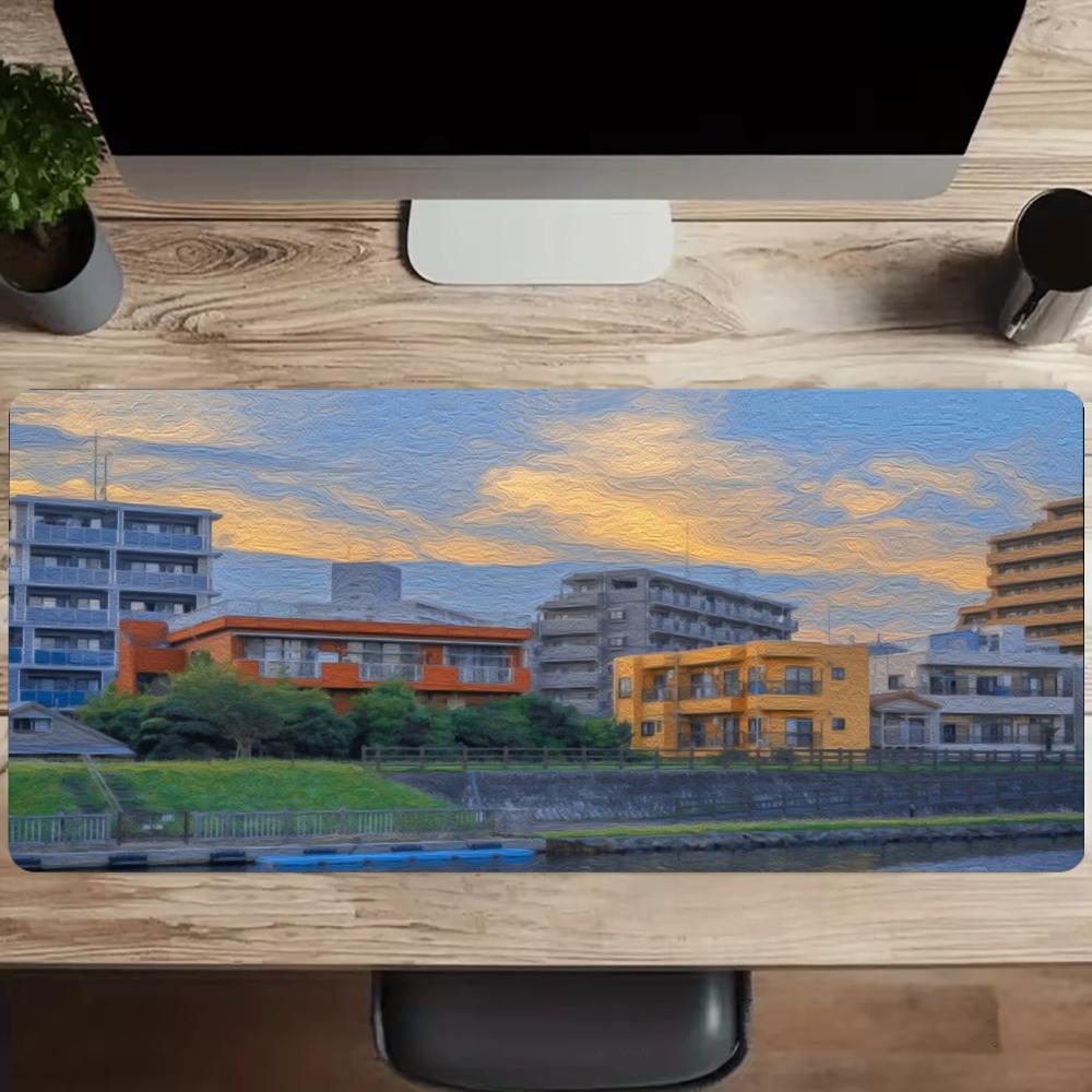 都会の街並みの油絵マウスパッド大型セットアップ オフィス装飾 - Desk View Setup のレビューと価格