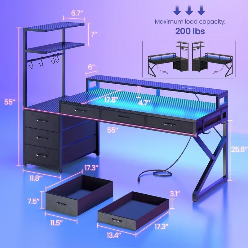 55インチゲーミングデスク、コーナーセットアップ用6つの引き - Desk Setup Corner のレビューと価格