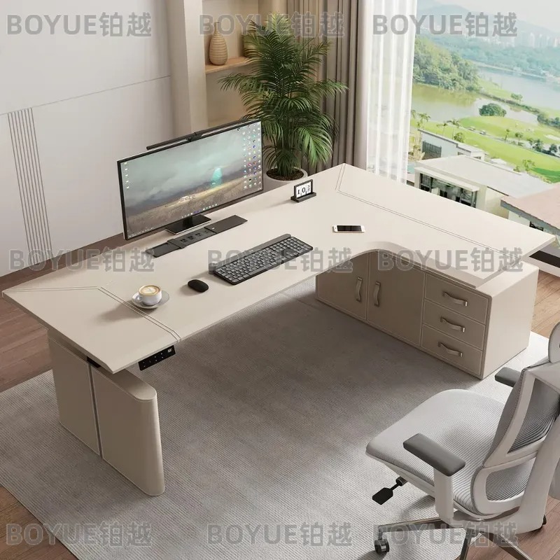 L字型電動昇降式コーナーデスク、収納付き、サドルレザー製ゲー - Desk Setup Corner のレビューと価格